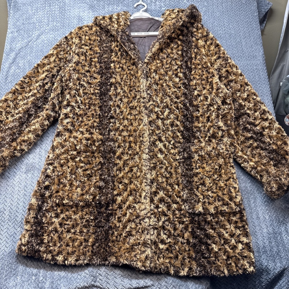 John Weitz Brown Curly Faux Fur Coat Lg Reversible Hooded Long Pockets Y2K